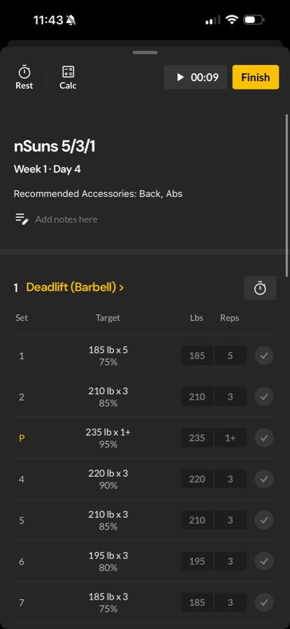 Boostcamp official-site screenshot showing a programmed deadlift session with set targets