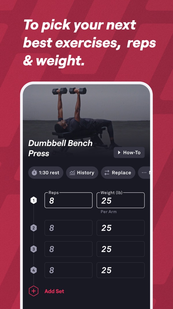 Fitbod publisher screenshot showing dumbbell bench-press reps and weight