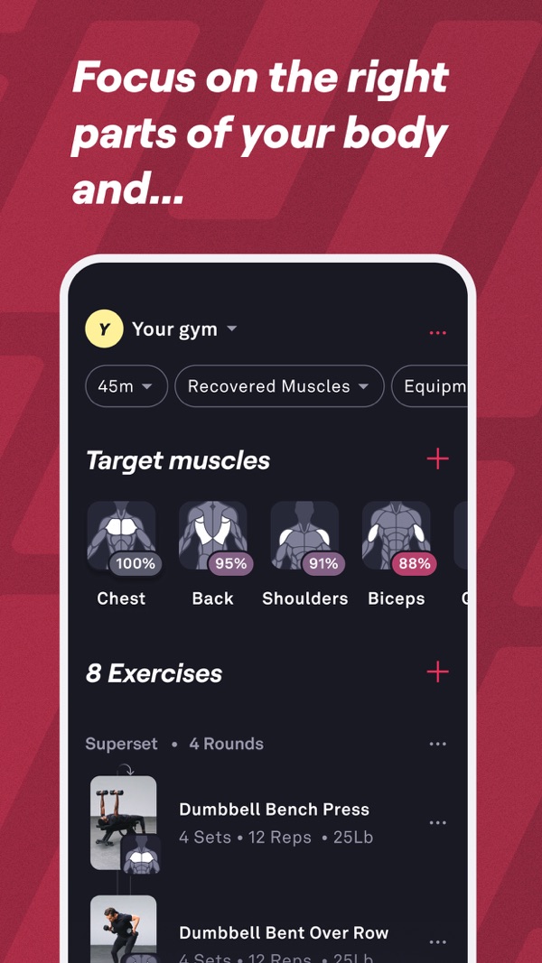 Fitbod publisher screenshot showing target muscles and a workout exercise list