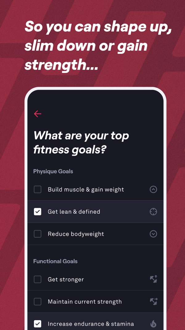 Fitbod publisher screenshot showing fitness-goal selection