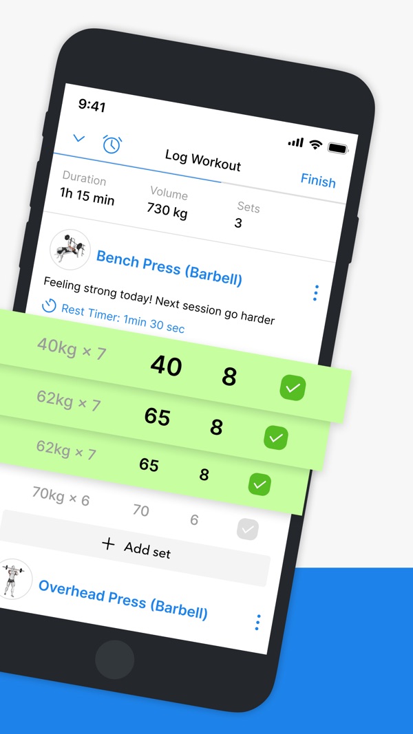 Hevy publisher screenshot showing bench-press set logging and a rest timer