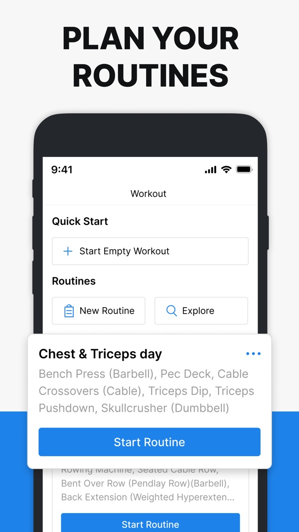 Hevy publisher screenshot showing saved routines and a start-routine button