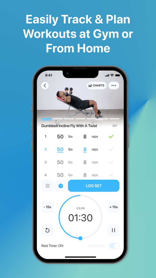 JEFIT publisher screenshot showing set logging and a rest timer