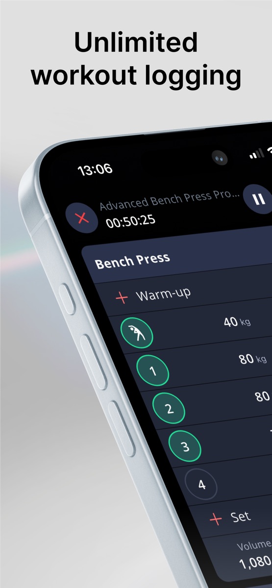StrengthLog publisher screenshot showing a bench-press workout log