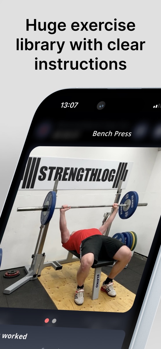 StrengthLog publisher screenshot showing a bench-press exercise demonstration