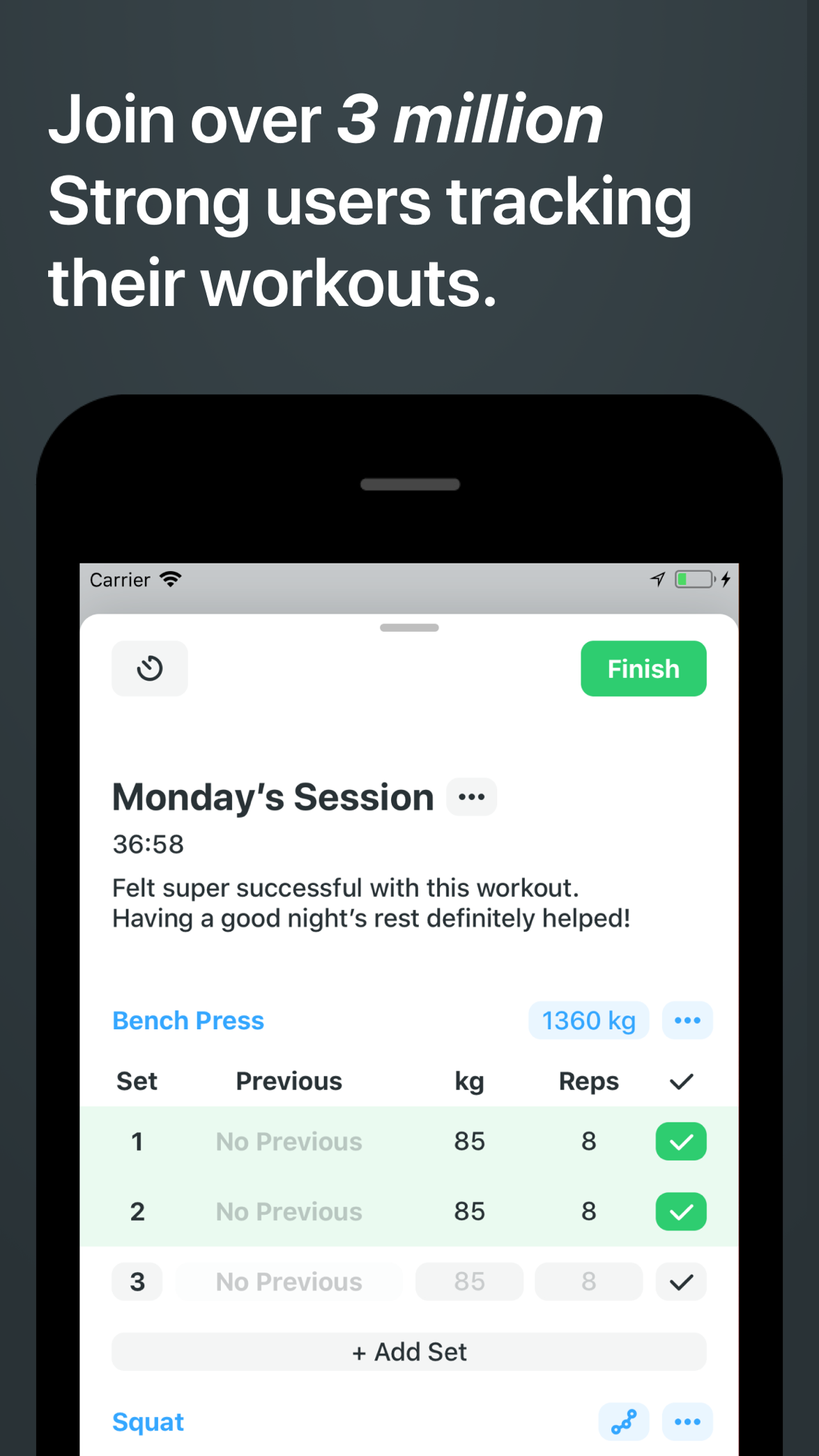 Official Strong App Store screenshot showing a minimal strength workout logging table