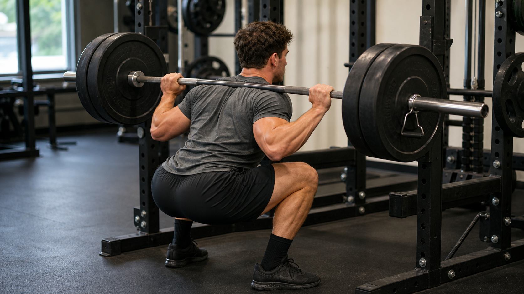 Lifter performing a controlled barbell back squat in a gym rack