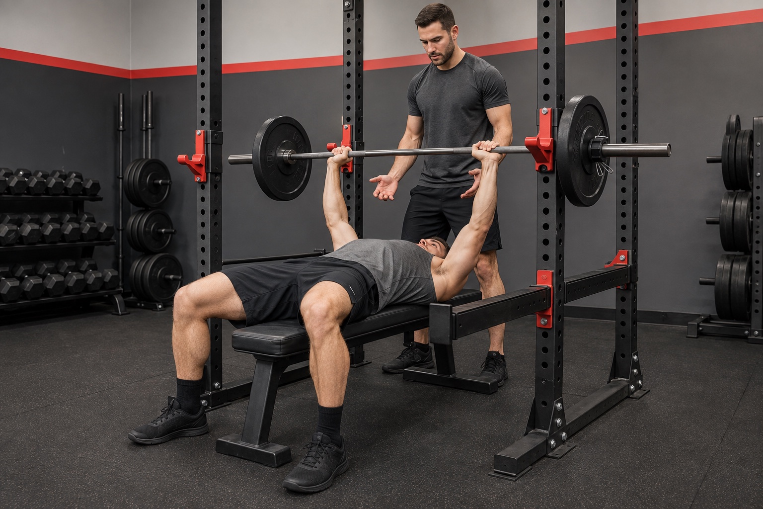 AI-generated illustration of a barbell bench press inside a rack with a spotter