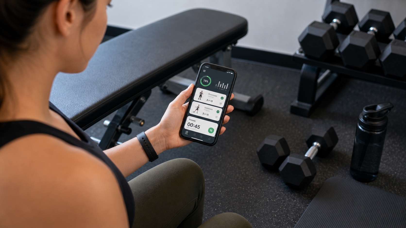 Beginner lifter checking a workout app beside dumbbells before a strength session