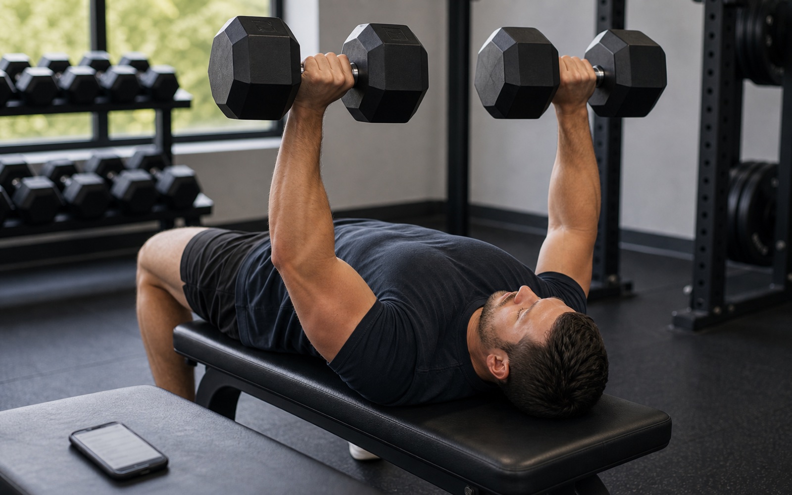 Lifter pressing dumbbells on a flat bench