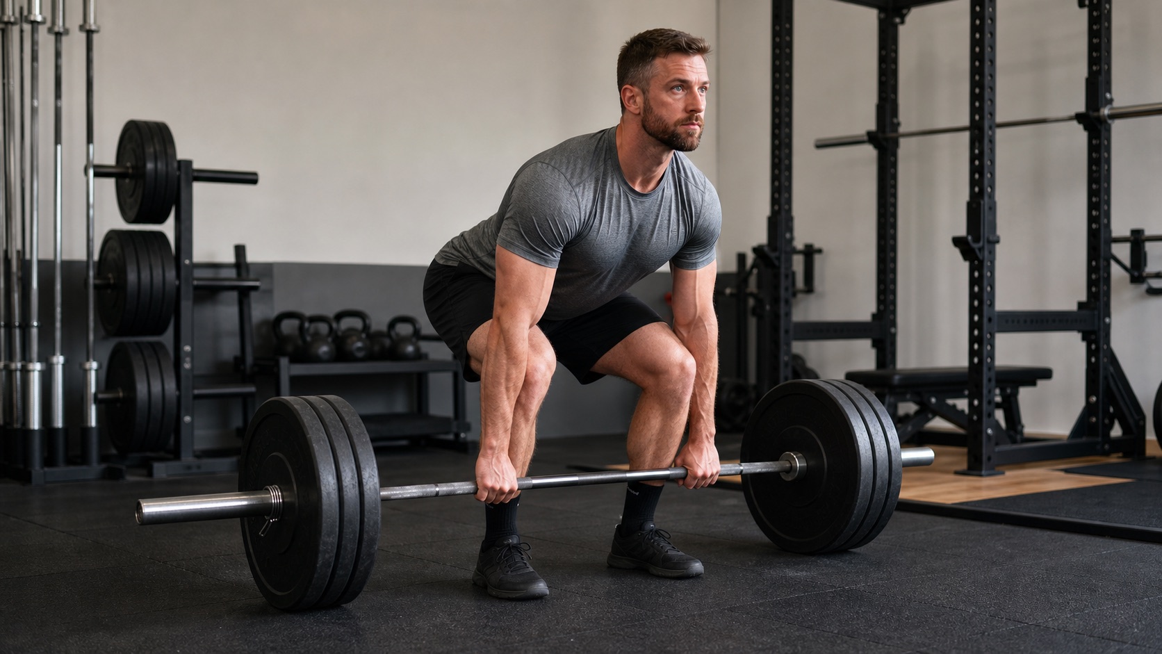 Lifter setting up for a barbell deadlift in a strength training exercise guide