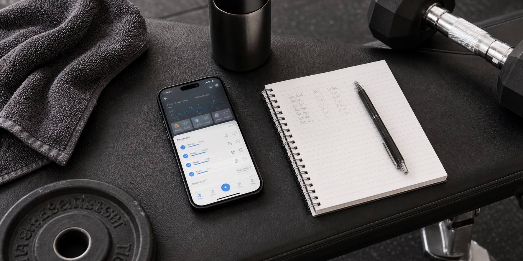 Workout log app, paper training notebook, towel, dumbbell, and plate on a gym bench
