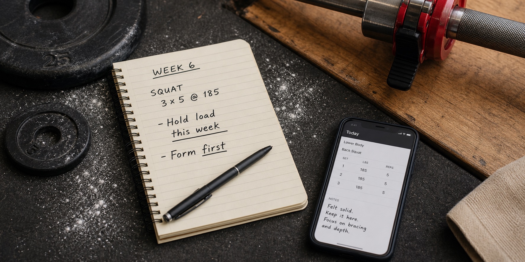 Notebook and phone recording squats beside gym equipment