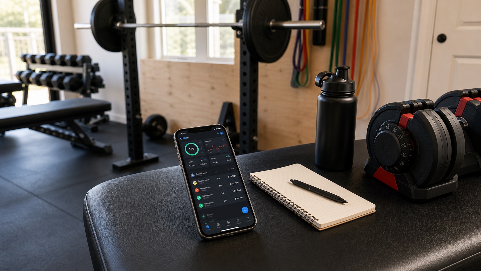 Home gym setup with a workout tracking app, adjustable dumbbells, barbell rack, and training notebook