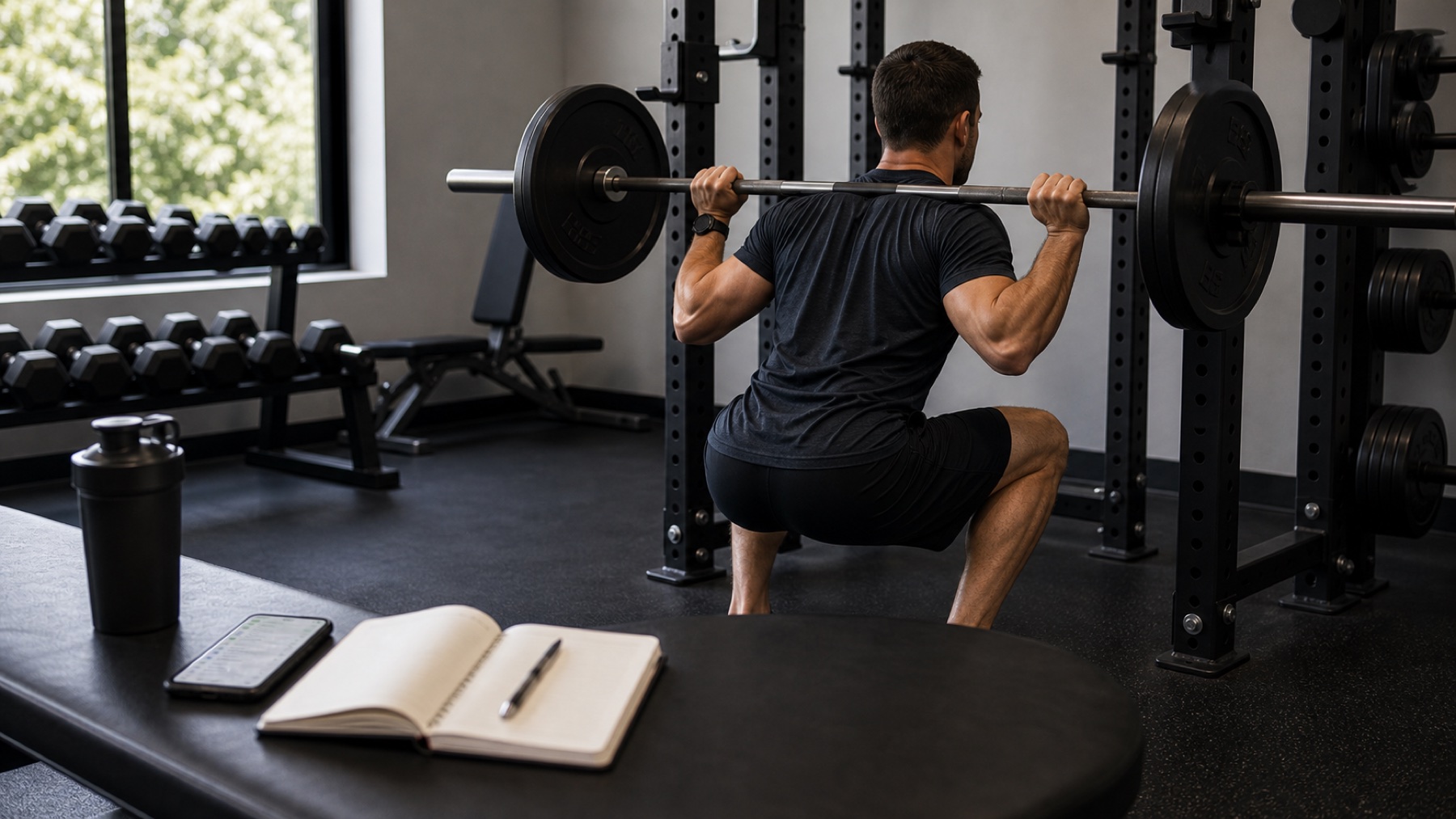 Lifter performing a controlled barbell squat in a gym with a workout log and notebook nearby